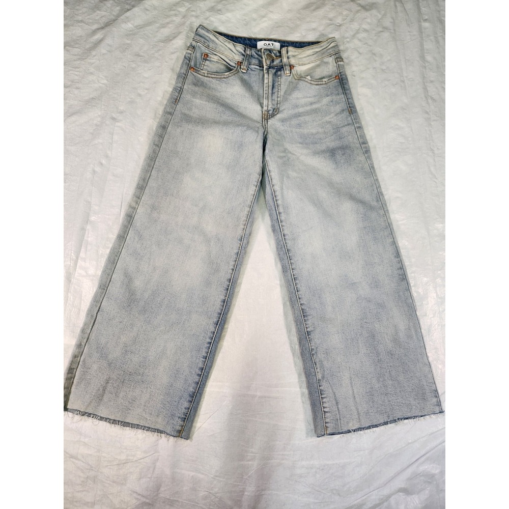 OAT New York High Rise Wide Leg Raw Hem Cropped Jeans Size 25 Baggy Light Pants